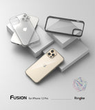 iPhone 12 / 12 Pro Case | Fusion - Clear and black phone cases displayed on white blocks with a gold iPhone 12 Pro.