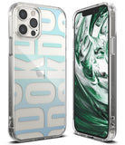 iPhone 12 / 12 Pro Case | Fusion Design - Clear phone case with blue typography pattern and a green marble screen display.