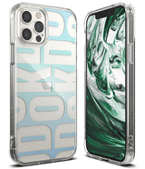 iPhone 12 / 12 Pro Case | Fusion Design - Clear phone case with blue typography pattern and a green marble screen display.