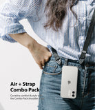 iPhone 12 Mini Case | Air + Shoulder Strap - iPhone 12 Mini Case - Clear phone case with a black shoulder strap worn over a blue striped shirt and blue jeans.