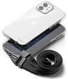 iPhone 12 Mini Case | Air + Shoulder Strap - Clear phone case on an iPhone 12 Mini with a detachable black shoulder strap.