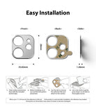 iPhone 12 | Camera Styling - Diagram showing dimensions and four-step installation guide for a phone camera lens protector.