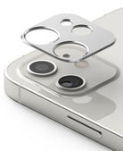 iPhone 12 | Camera Styling - Silver metallic camera lens protector hovering above the dual-lens array of a white iPhone 12.