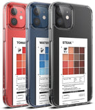iPhone 12 / 12 Pro Case | Fusion Design Palette - Three clear phone cases with red, blue, and black inserts featuring food-themed nutritional label graphics.