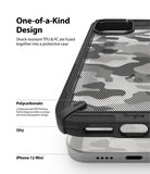 iPhone 12 Mini Case | Fusion-X - Close-up of a camo-patterned phone case highlighting TPU and polycarbonate construction.