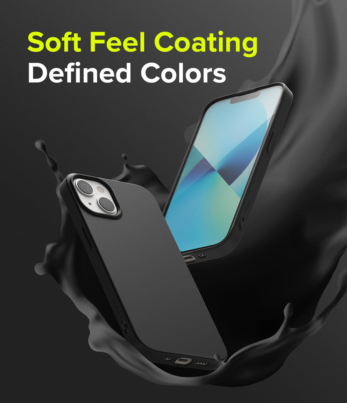 iPhone 13 Mini Case | Air-S - Two black phone cases floating amidst black liquid splashes with text Soft Feel Coating Defined Colors.