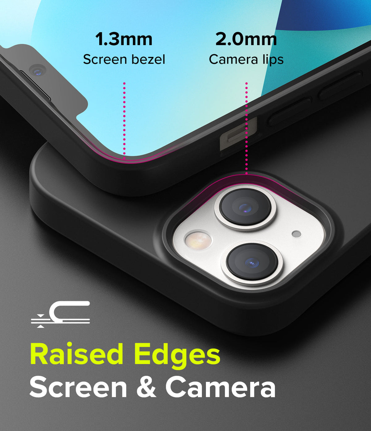 iPhone 13 Mini Case | Air-S - Close-up showing 1.3mm screen bezel and 2.0mm camera lip protection on a black phone case.