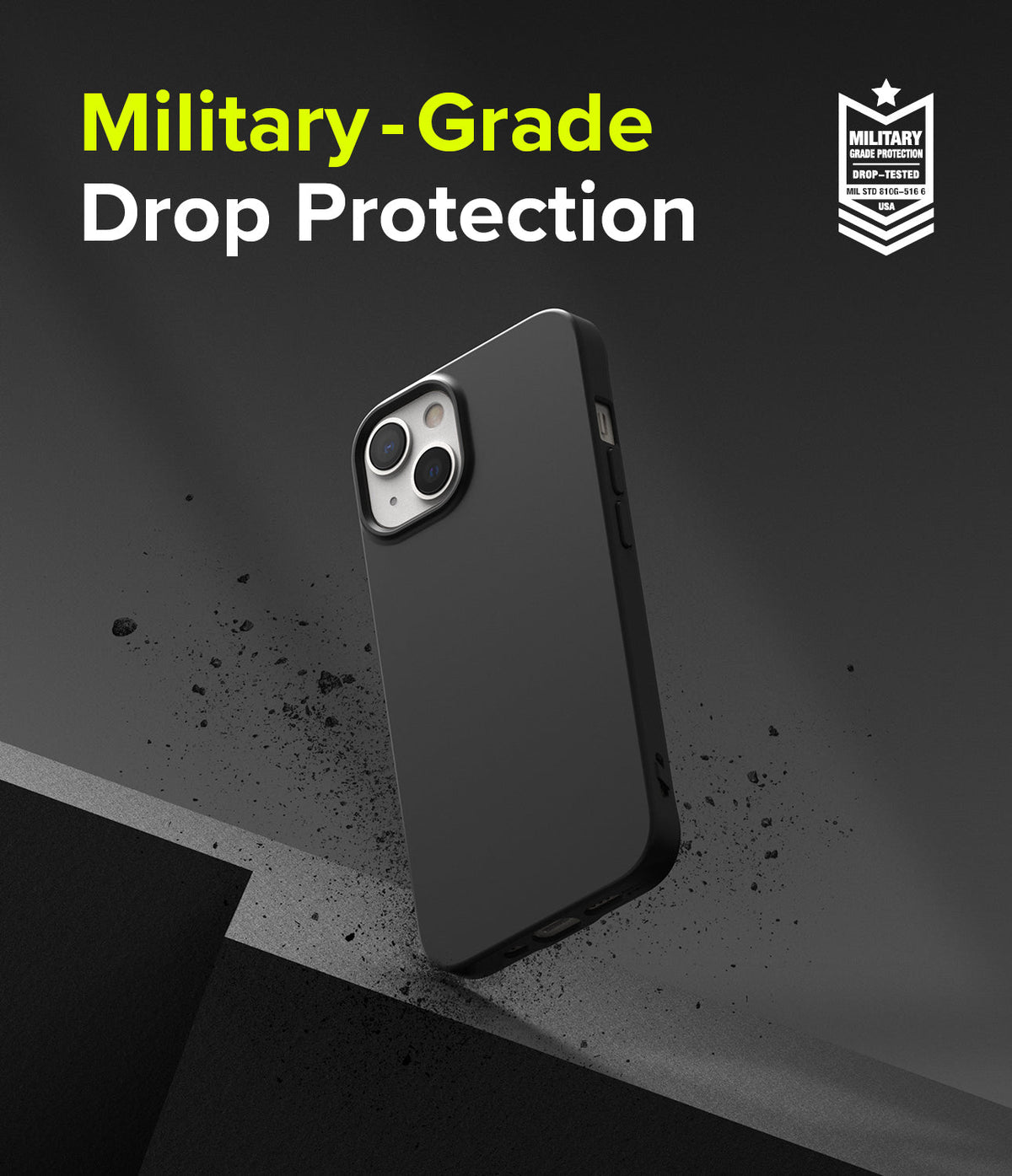 iPhone 13 Mini Case | Air-S - Black phone case floating above a textured surface with military-grade drop protection text.