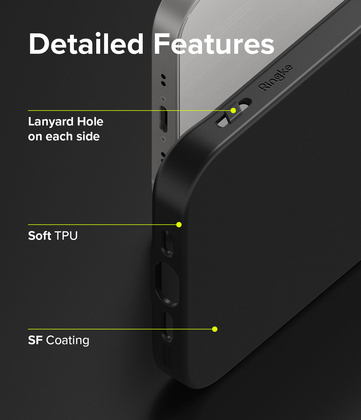 iPhone 13 Mini Case | Air-S - Close-up of black phone case highlighting lanyard holes, soft TPU material, and SF coating.
