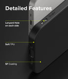 iPhone 13 Mini Case | Air-S - Close-up of black phone case highlighting lanyard holes, soft TPU material, and SF coating.