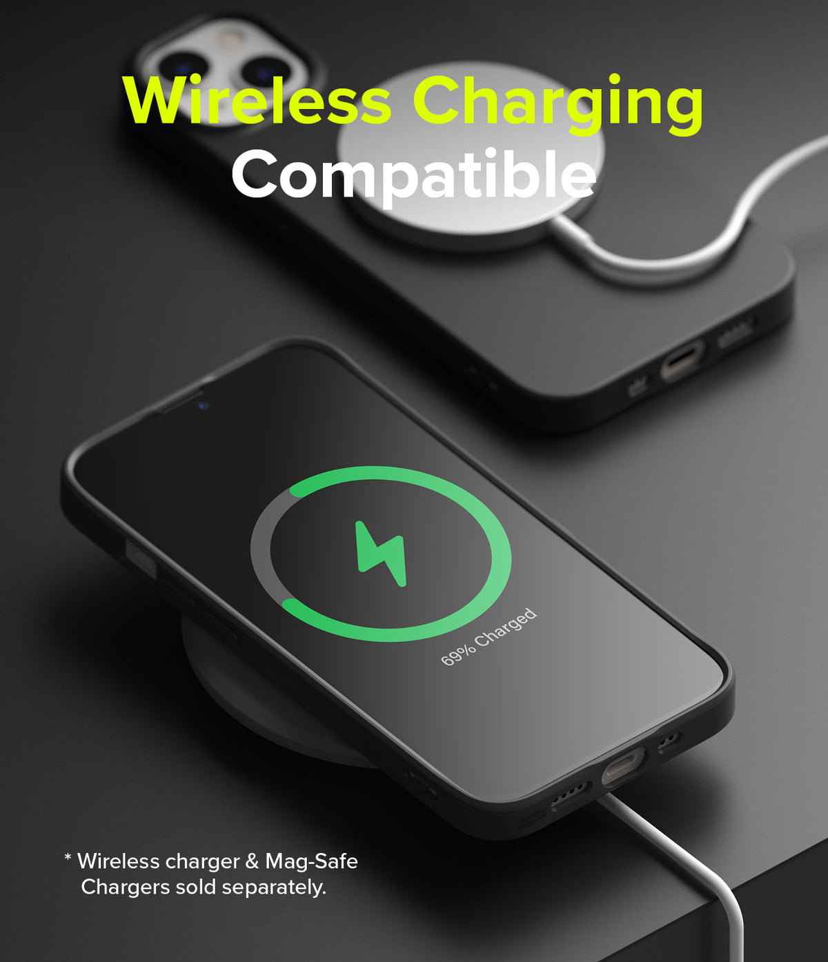 iPhone 13 Mini Case | Air-S - Black phone case on a wireless charger showing a green charging icon and 69% battery level.