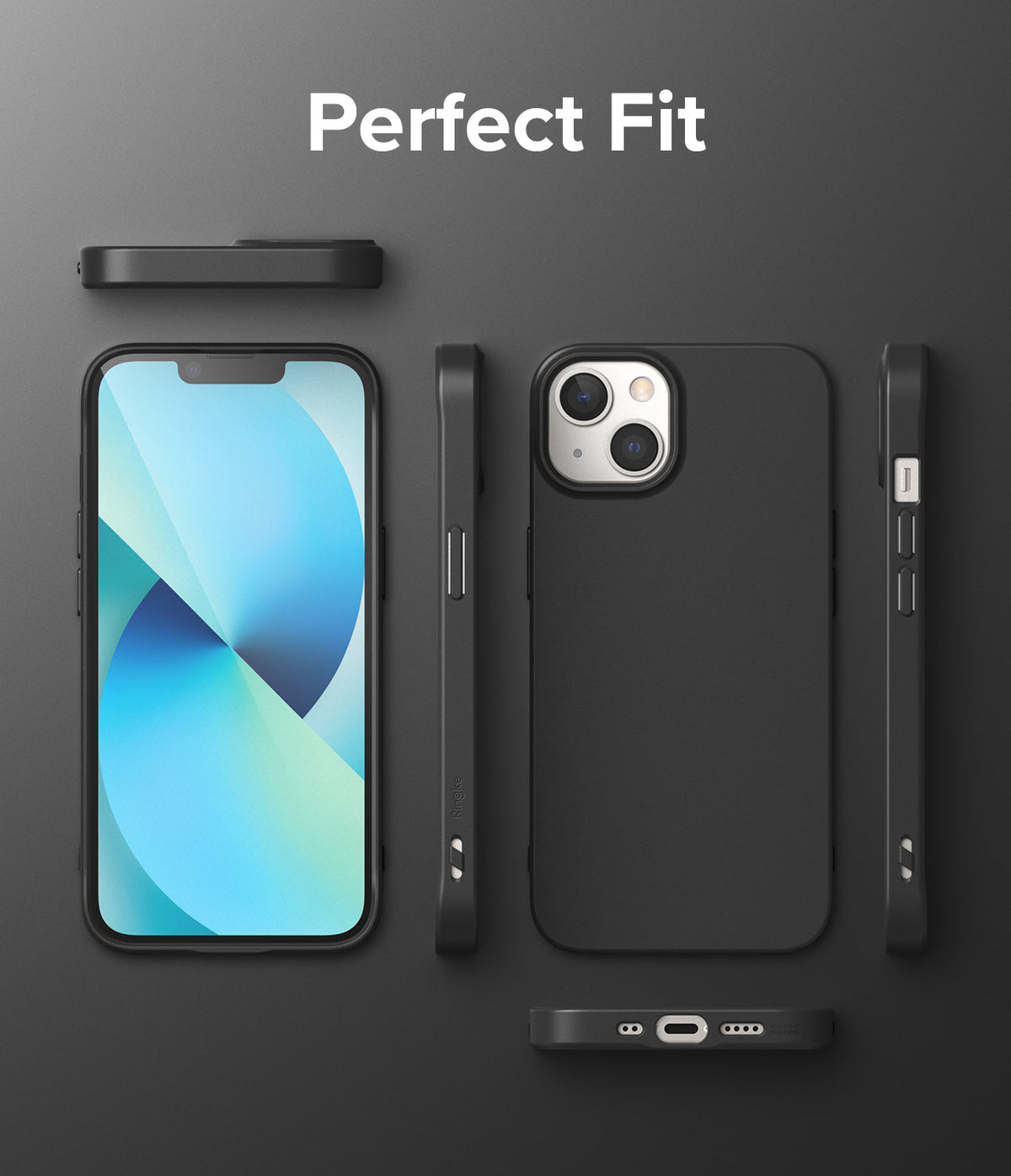 iPhone 13 Mini Case | Air-S - Multiple views of a black phone case on an iPhone 13 Mini against a dark gray background.