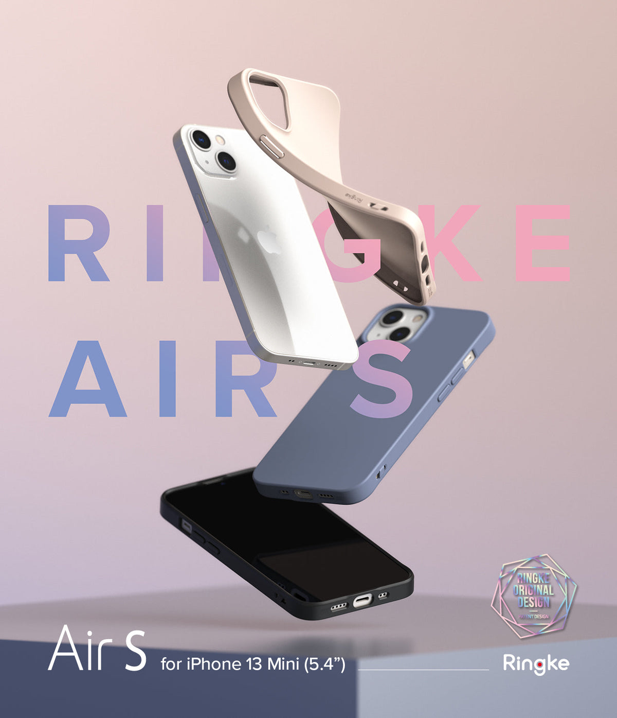 iPhone 13 Mini Case | Air-S - Three iPhone 13 Mini phones in black, blue, and beige cases floating against a soft gradient.