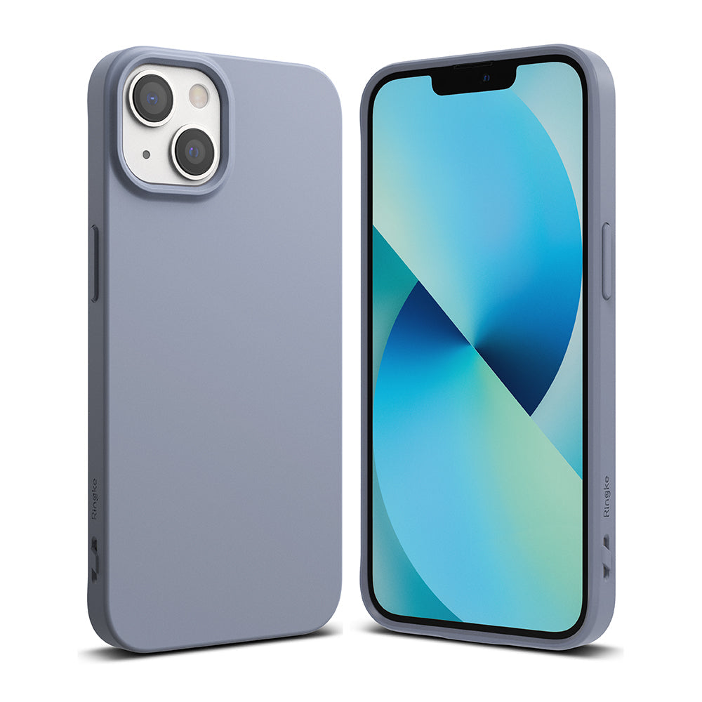 iPhone 13 Mini Case | Air-S - Matte lavender iPhone 13 Mini case shown from the back and front with a blue screen display.