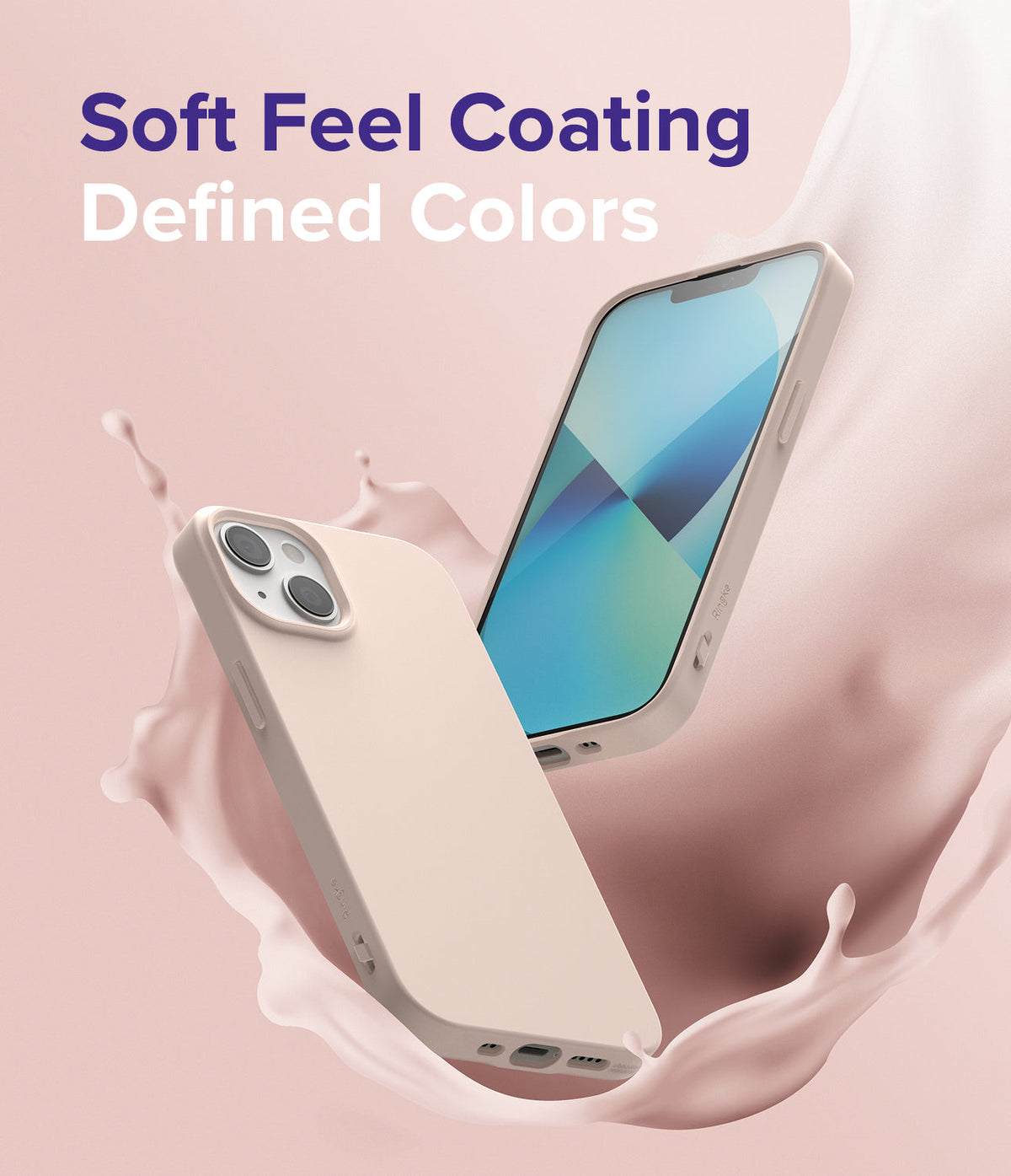 iPhone 13 Mini Case | Air-S - Two beige phone cases floating amidst a soft pink liquid splash against a matching background.