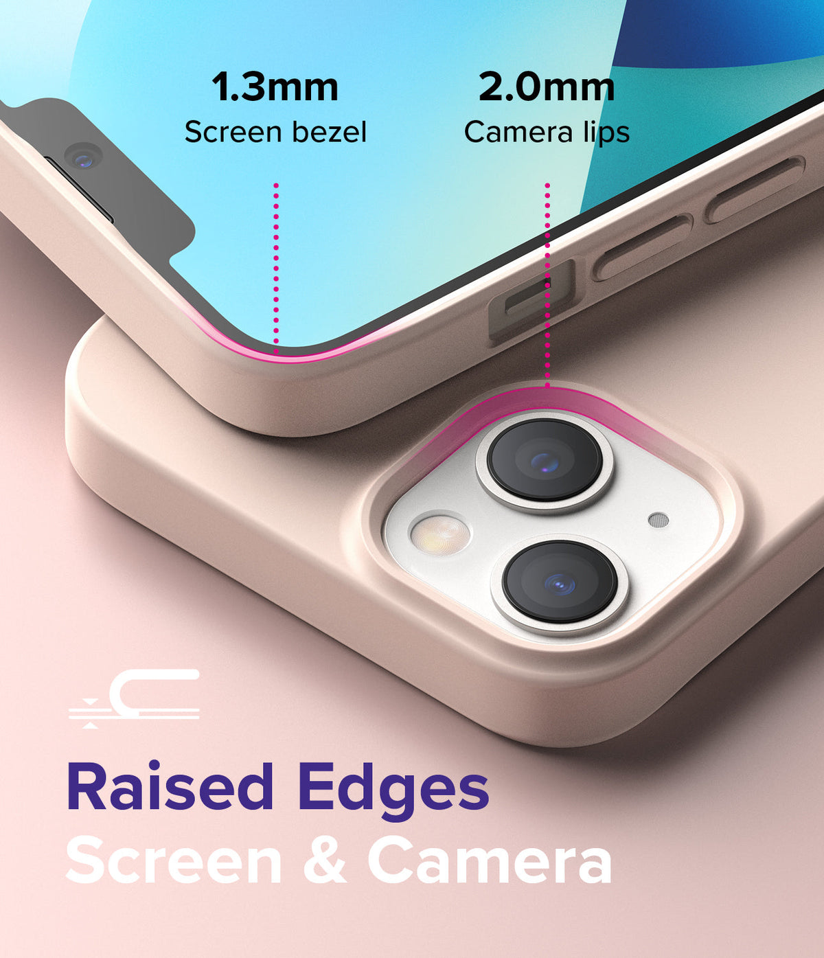 iPhone 13 Mini Case | Air-S - Close-up showing 1.3mm screen bezel and 2.0mm camera lips on a beige phone case.