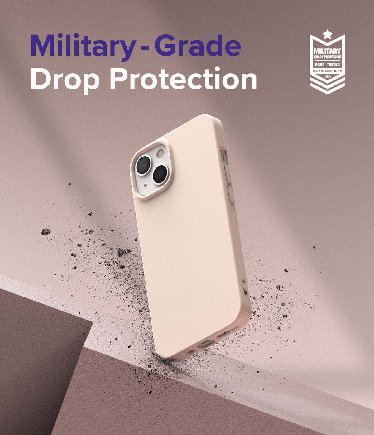 iPhone 13 Mini Case | Air-S - Light pink phone case floating above a surface with debris, featuring military-grade drop protection text.