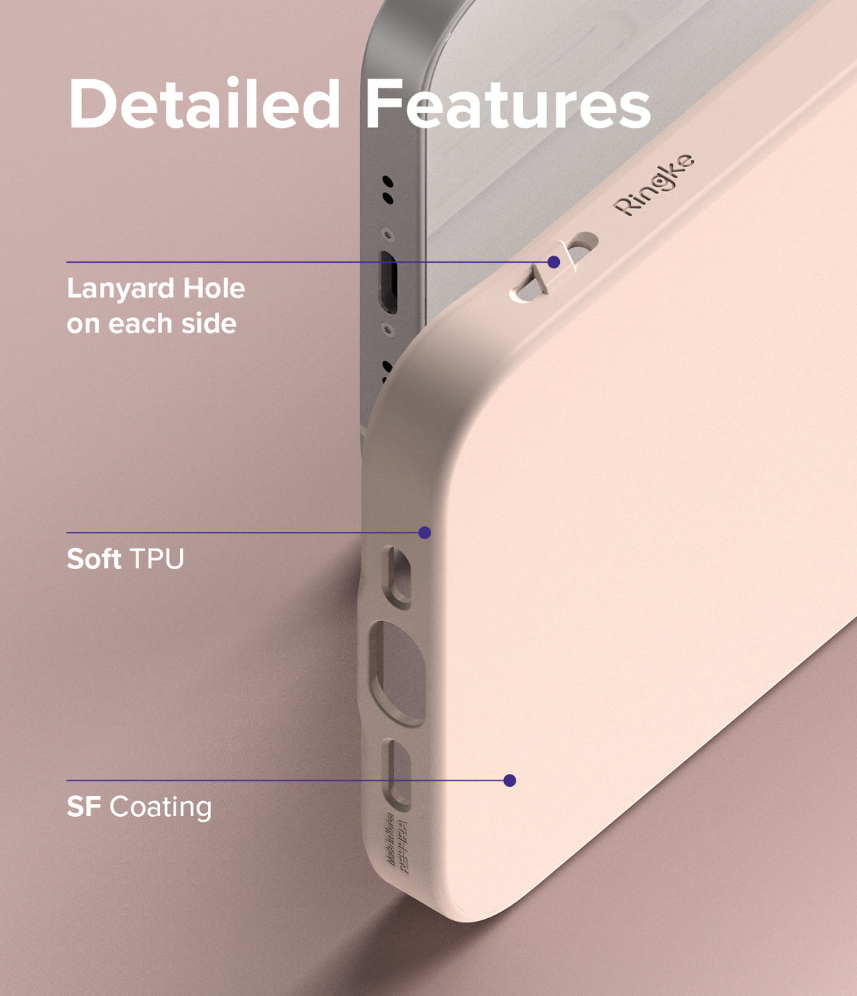 iPhone 13 Mini Case | Air-S - Close-up of a pink phone case highlighting lanyard holes, soft TPU material, and SF coating.
