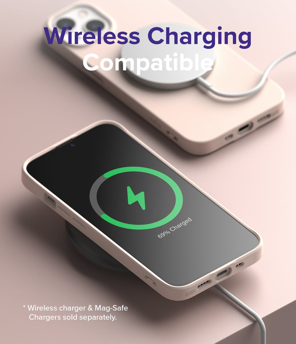 iPhone 13 Mini Case | Air-S - iPhone 13 Mini in a beige case charging wirelessly with a green battery icon on the screen.