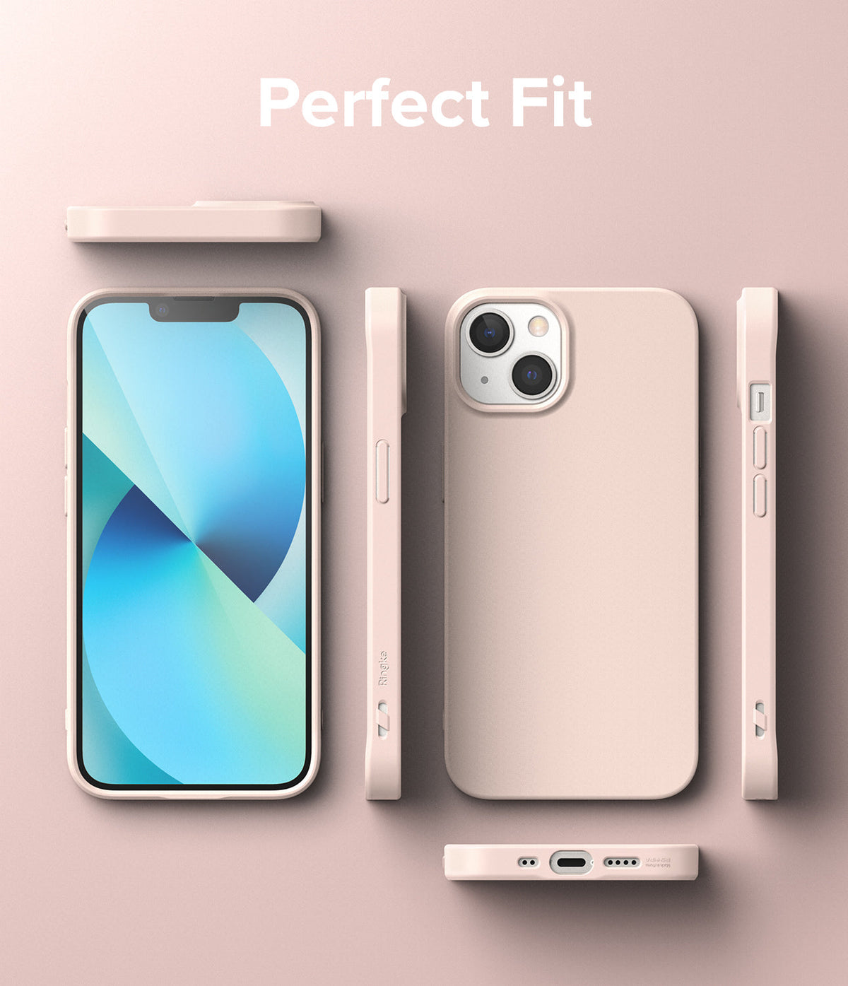 iPhone 13 Mini Case | Air-S - Multiple views of a light pink phone case showing precise cutouts and a slim, minimalist fit.