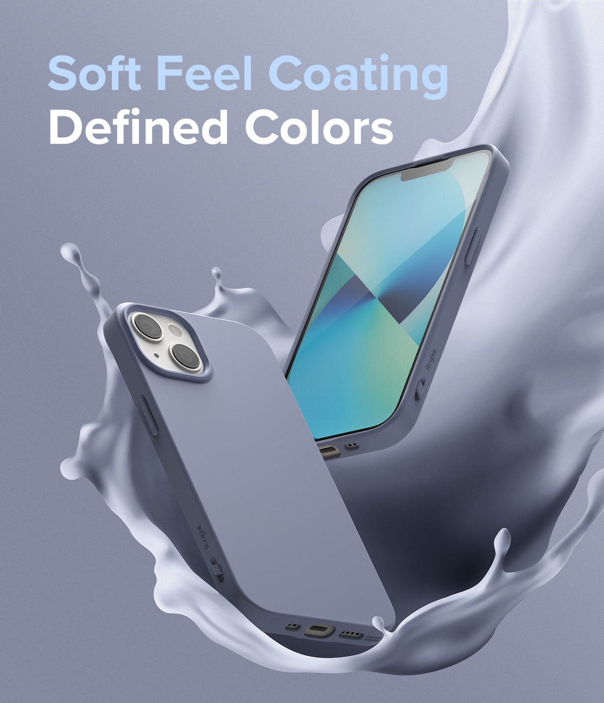 iPhone 13 Mini Case | Air-S - Two lavender iPhone 13 Mini phones in matte cases floating amidst a splash of liquid.