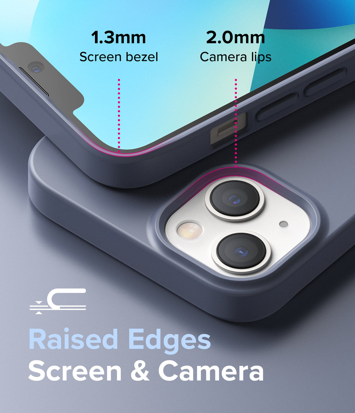 iPhone 13 Mini Case | Air-S - Close-up showing 1.3mm screen bezel and 2.0mm camera lips for raised edge protection.