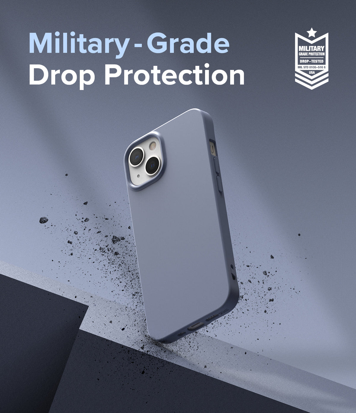 iPhone 13 Mini Case | Air-S - Blue phone case with military-grade drop protection badge and debris effect on gray background.