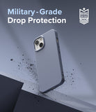 iPhone 13 Mini Case | Air-S - Blue phone case with military-grade drop protection badge and debris effect on gray background.