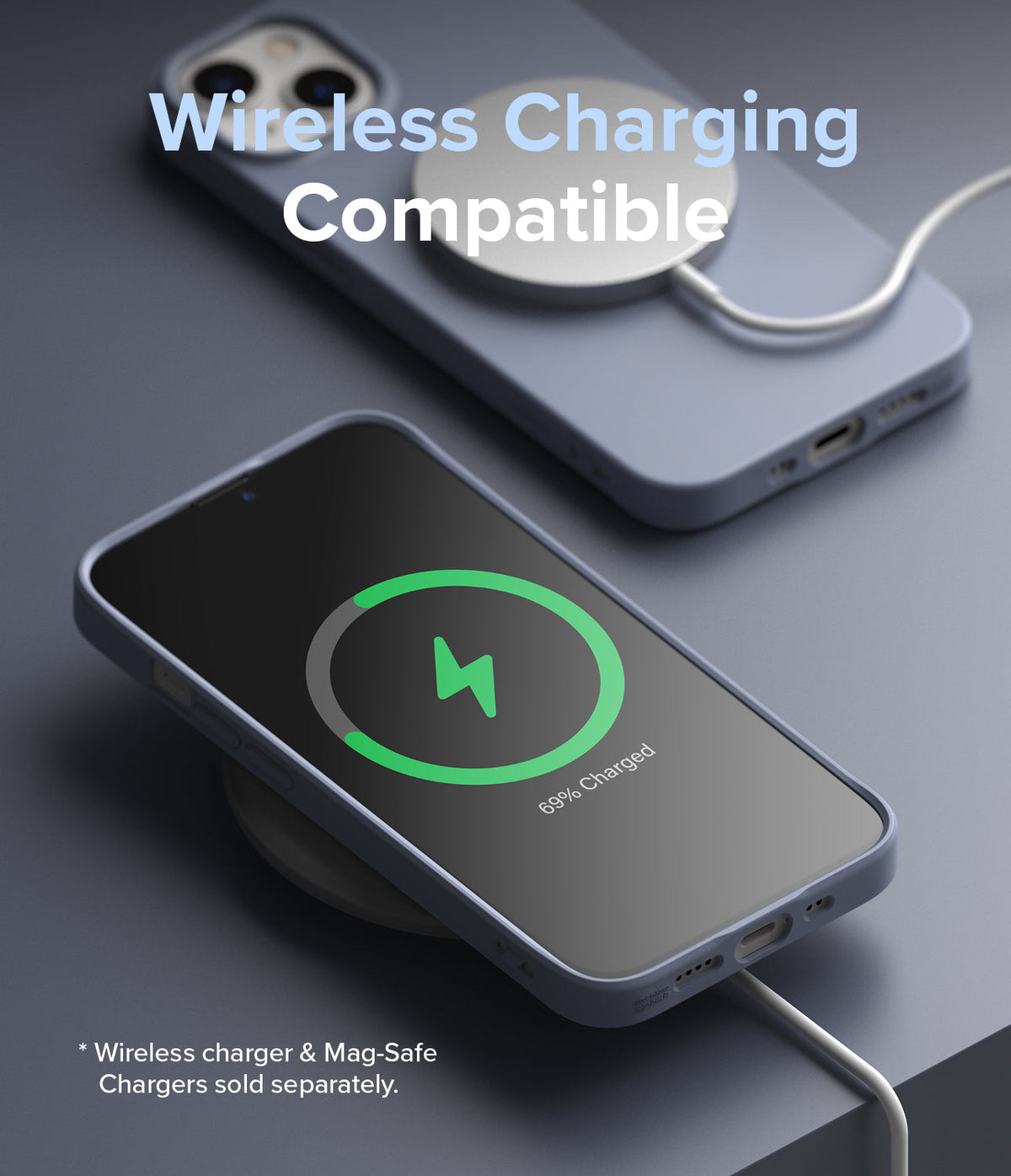 iPhone 13 Mini Case | Air-S - iPhone 13 Mini in a blue case wirelessly charging with a MagSafe puck and charging pad.