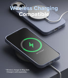 iPhone 13 Mini Case | Air-S - iPhone 13 Mini in a blue case wirelessly charging with a MagSafe puck and charging pad.