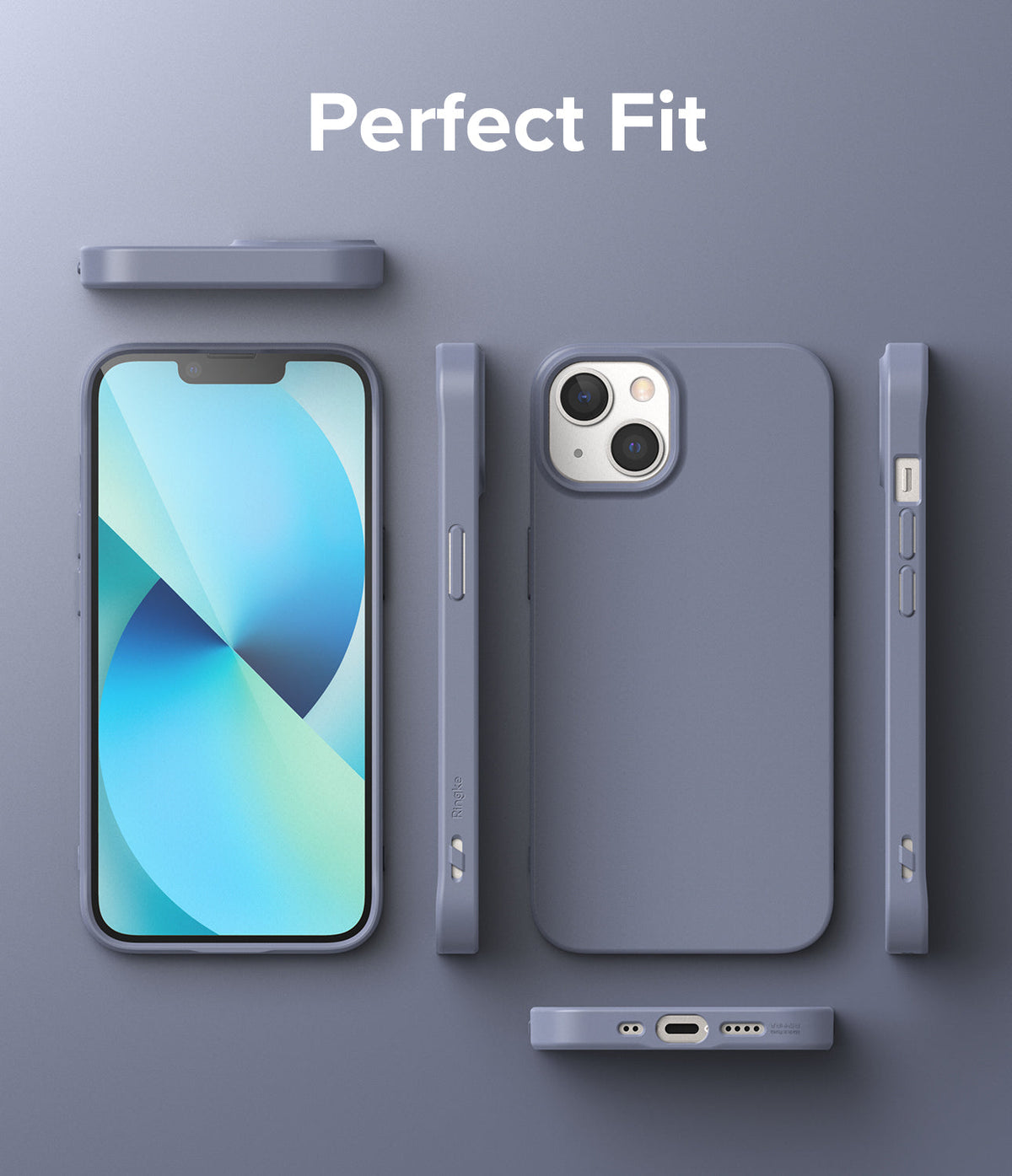 iPhone 13 Mini Case | Air-S - Blue iPhone 13 Mini in a matching matte case shown from front, back, and side angles.