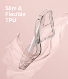 iPhone 13 Mini Case | Air - Clear glitter TPU phone case floating amidst soft, flowing pink fabric against a matching background.
