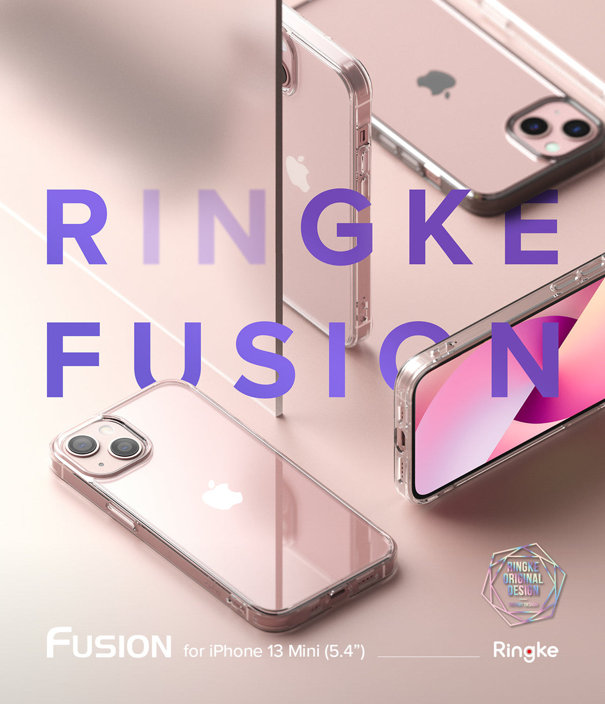 iPhone 13 Mini Case | Fusion - Clear iPhone 13 Mini cases arranged around a central mirror on a soft pink background.