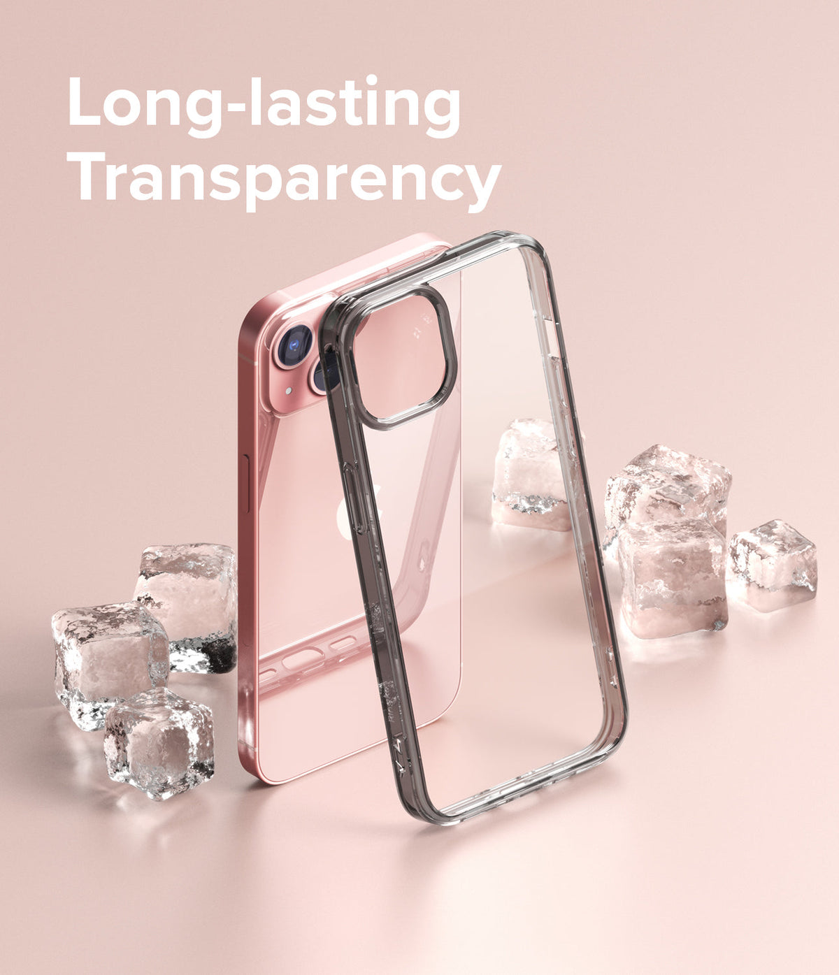 iPhone 13 Mini Case | Fusion - Clear phone case standing in front of a pink iPhone 13 Mini surrounded by ice cubes.