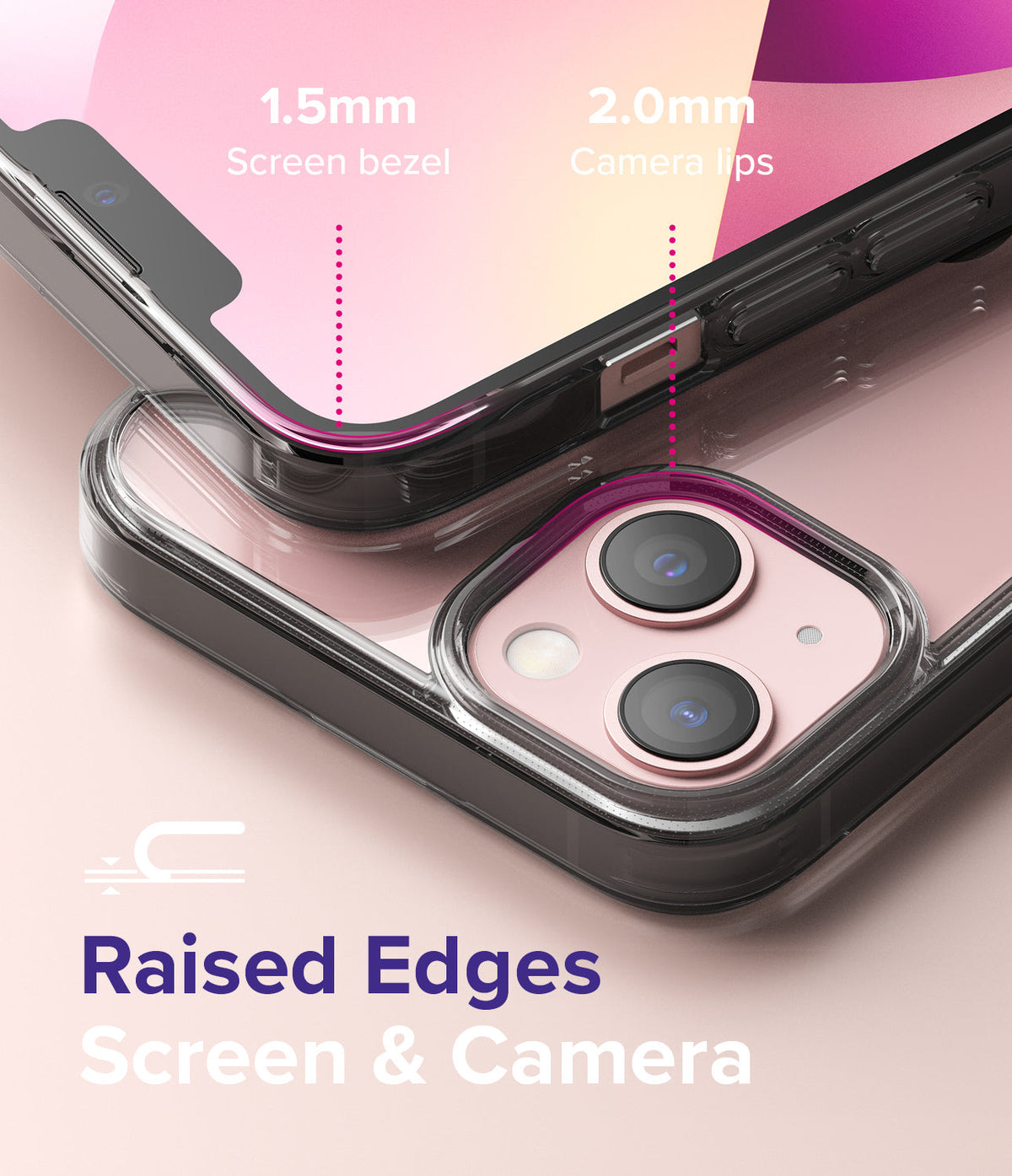 iPhone 13 Mini Case | Fusion - Close-up of phone case showing 1.5mm screen bezel and 2.0mm raised camera lips for protection.