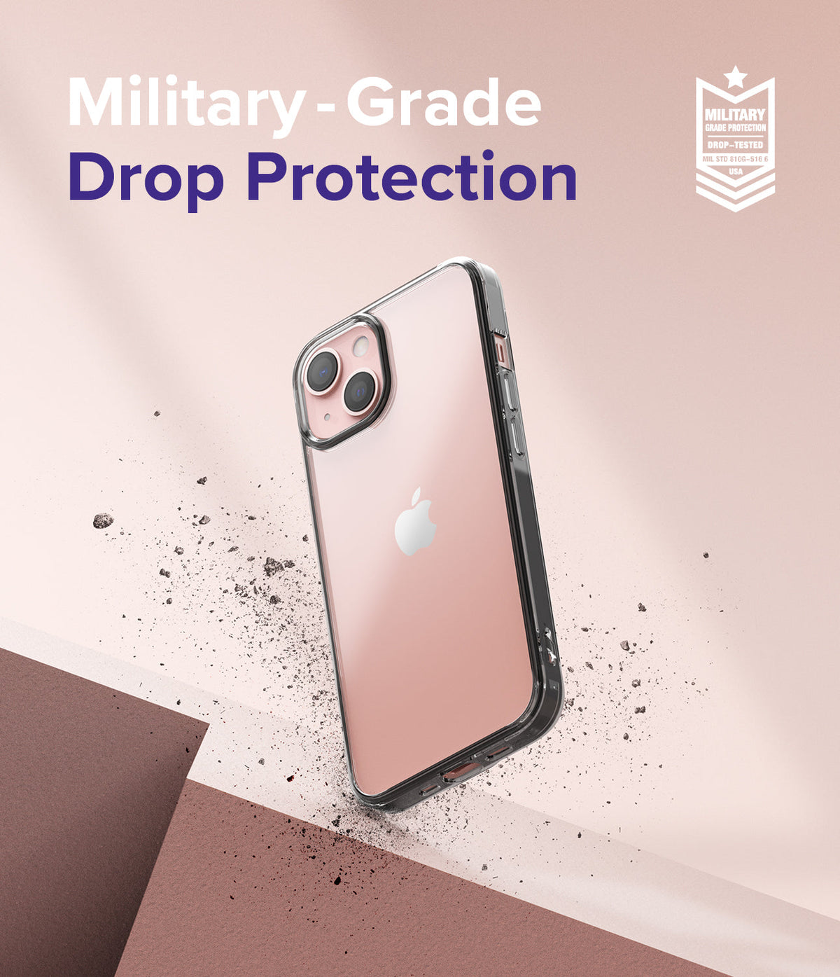 iPhone 13 Mini Case | Fusion - Clear phone case on a pink background with military-grade drop protection text and icon.