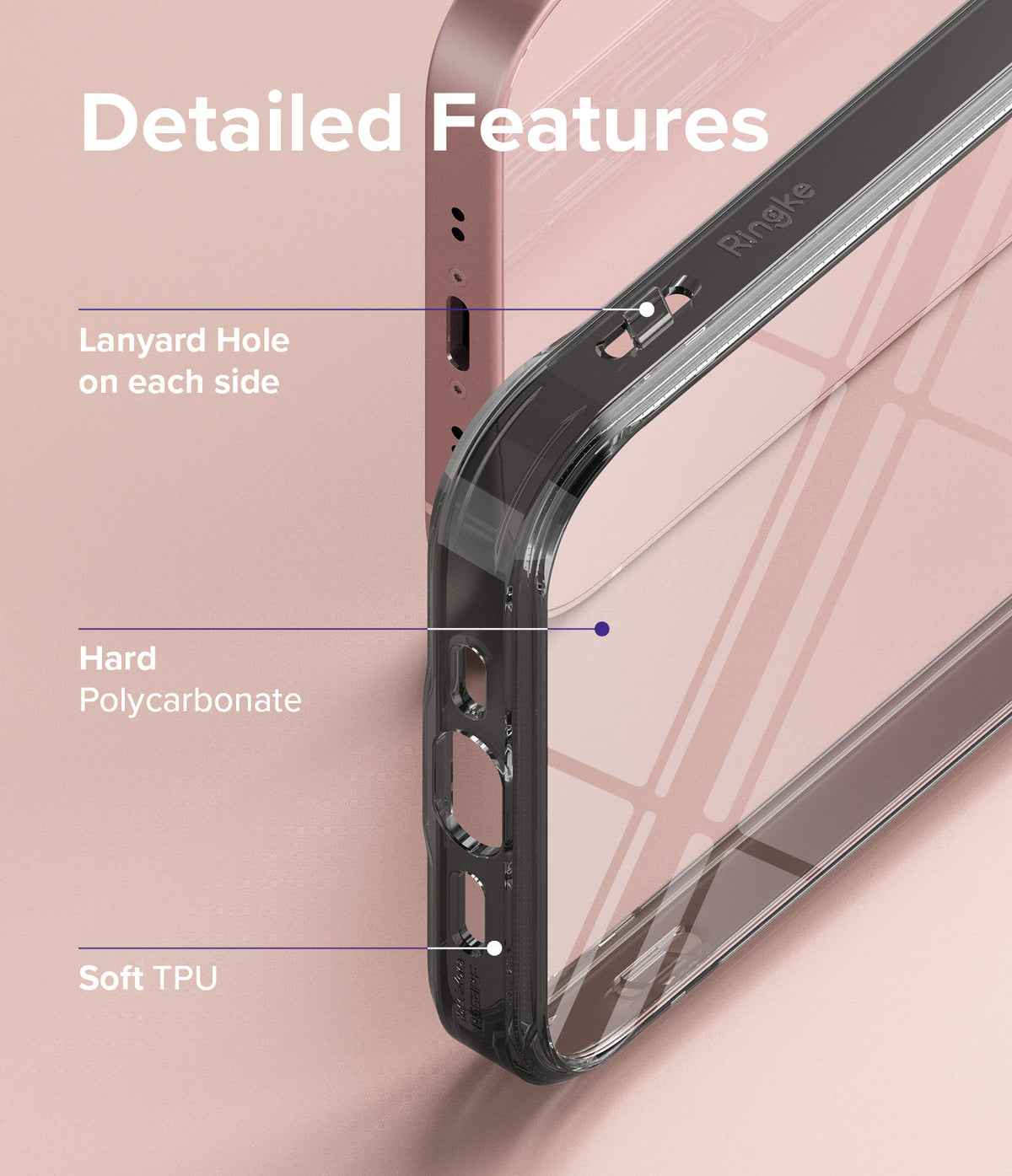 iPhone 13 Mini Case | Fusion - Close-up of phone case highlighting lanyard holes, polycarbonate back, and soft TPU frame.
