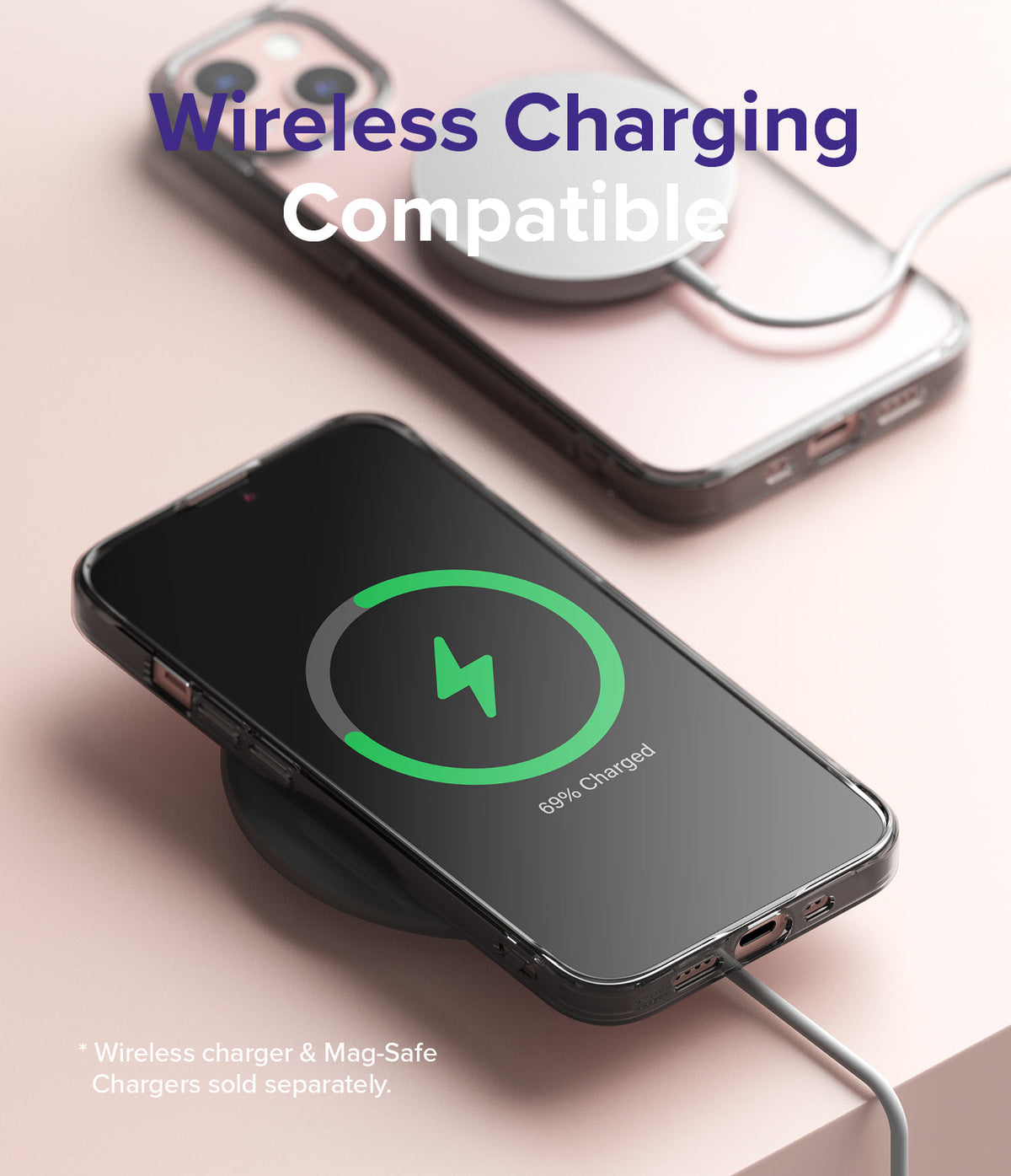 iPhone 13 Mini Case | Fusion - Two phones in clear cases charging wirelessly on a pink surface with a charging icon displayed.
