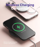 iPhone 13 Mini Case | Fusion - Two phones in clear cases charging wirelessly on a pink surface with a charging icon displayed.