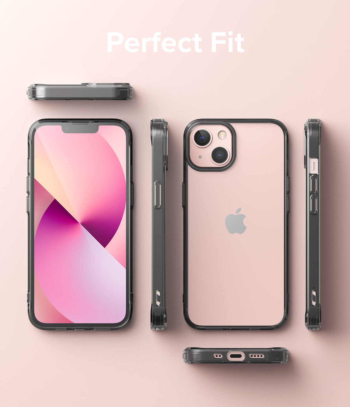 iPhone 13 Mini Case | Fusion - Multiple views of a pink iPhone 13 Mini in a clear protective case on a pink background.