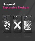 iPhone 13 Mini Case | Onyx Design - Three black phone cases with unique white graphic prints against a dark background.