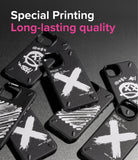 iPhone 13 Mini Case | Onyx Design - Multiple black phone cases with white graffiti-style X and skull graphics on a dark surface.