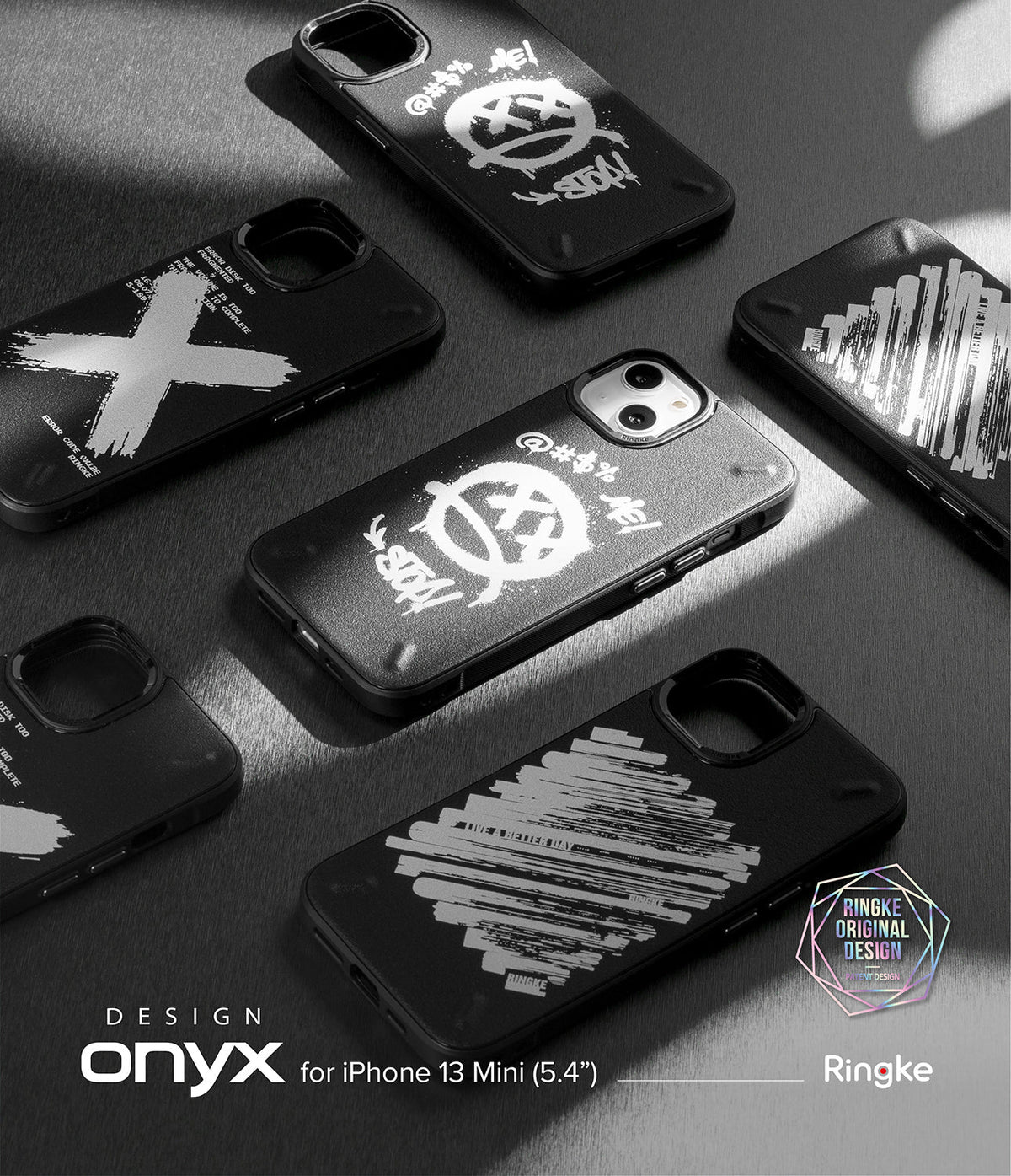 iPhone 13 Mini Case | Onyx Design - Multiple black phone cases with white graffiti and abstract brushstroke designs on a dark surface.