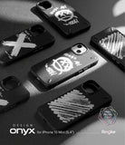 iPhone 13 Mini Case | Onyx Design - Multiple black phone cases with white graffiti and abstract brushstroke designs.