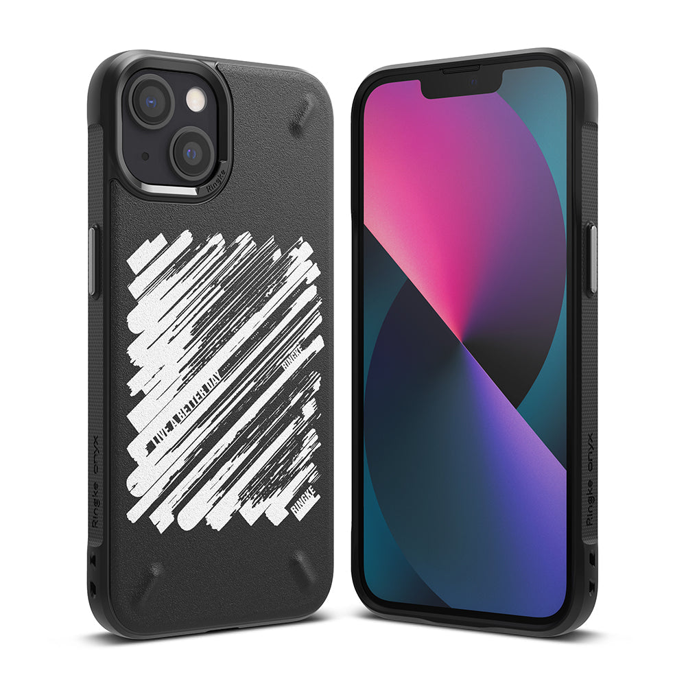 iPhone 13 Mini Case | Onyx Design - Black phone case with white brushstroke pattern and text on a white background.
