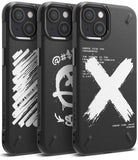 iPhone 13 Mini Case | Onyx Design - Three black phone cases with white graphic prints featuring brushstrokes and text.