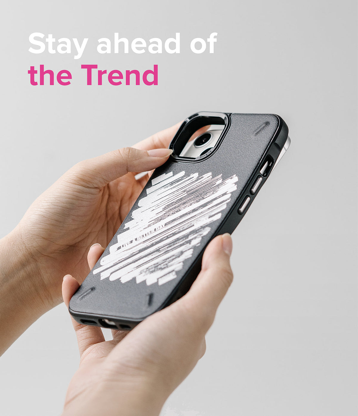 iPhone 13 Mini Case | Onyx Design - Hands holding a black phone case with a white brushstroke graphic and text overlay.
