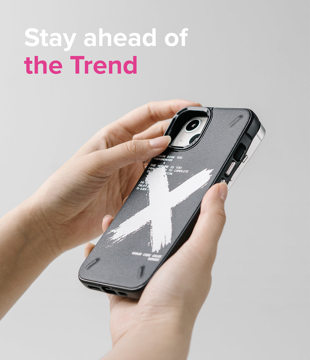 iPhone 13 Mini Case | Onyx Design - Hands holding a black phone case with a white brushstroke X and text against a grey background.