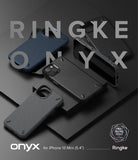 iPhone 13 Mini Case | Onyx - Multiple black and blue textured phone cases arranged on dark geometric platforms.