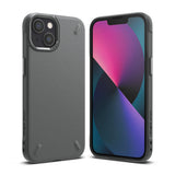 iPhone 13 Mini Case | Onyx - Matte gray phone case shown from the back and front with a colorful abstract screen.